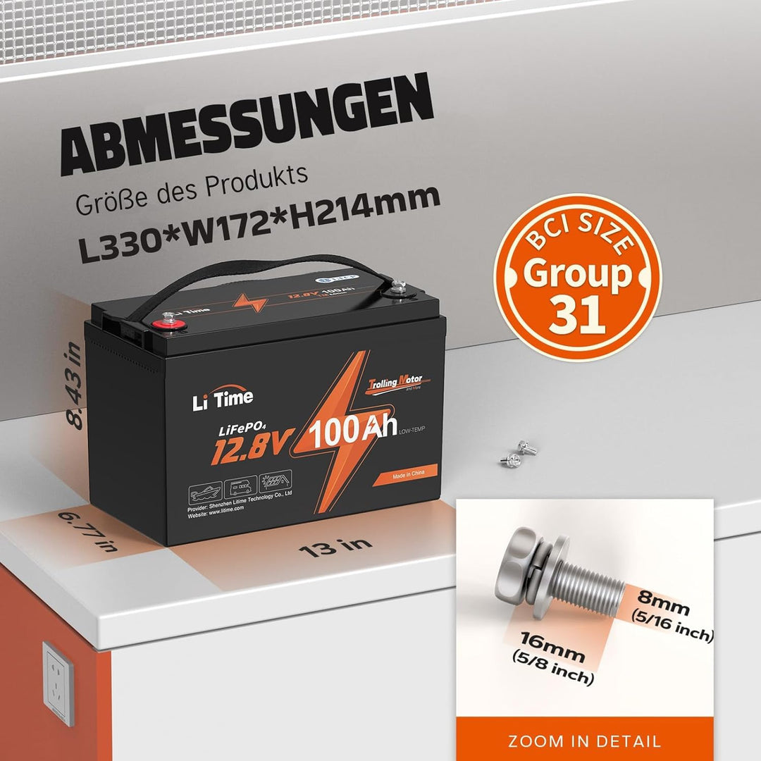 LiTime LiFePO4 12V 100Ah Trolling-Motoren Lithium Batterie mit Tieftemperaturschutz, Deep Cycle Batt