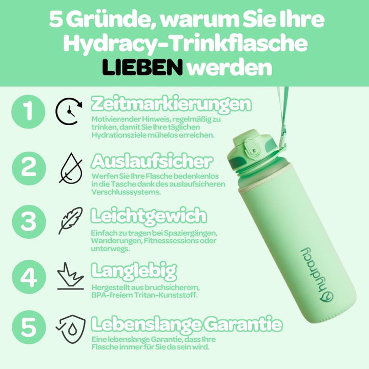 Hydracy Trinkflasche mit Strohhalm und Zeitmarkierung - 1L Wasserflasche - BPA-freie Trinkflasche -