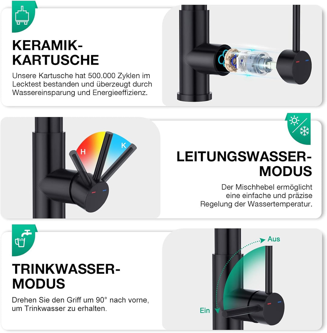 CREA 3 Wege Spiralfeder Küchenarmatur, Trinkwasserhahn Küche mit Brause ausziehbar, Wasserhahn Armat