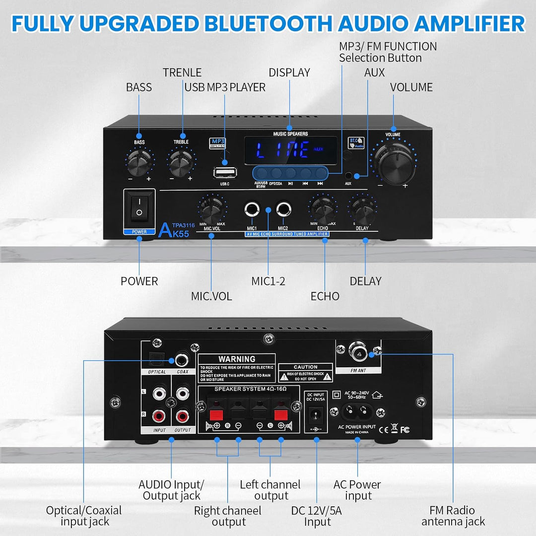 HiFi-Verstärker AK55 Bluetooth Stereo-Audioverstärker Receiver 2 Kanäle 70WX2 Max. 600W Digitale End