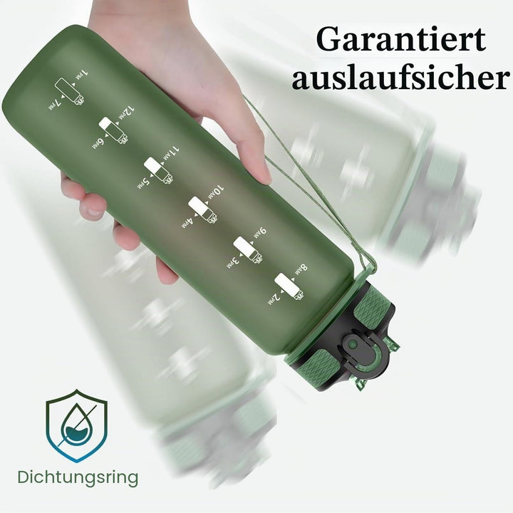 Trinkflasche, 1L Sport-Wasserflasche mit Strohhalm, Zeitmarkierungen, auslaufsicher, BPA-freiTritan,