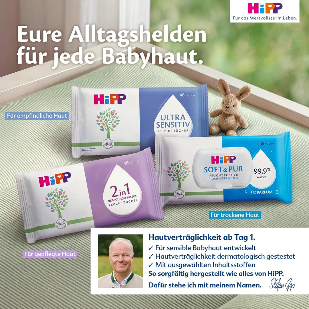 HiPP Babysanft Feuchttücher Soft und Pur, 864 Stück (18 Packungen mit 48), mit 99,9% Wasser und 0% P