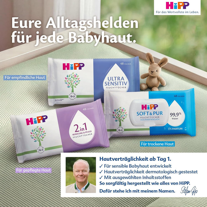 HiPP Babysanft Feuchttücher Soft und Pur, 864 Stück (18 Packungen mit 48), mit 99,9% Wasser und 0% P