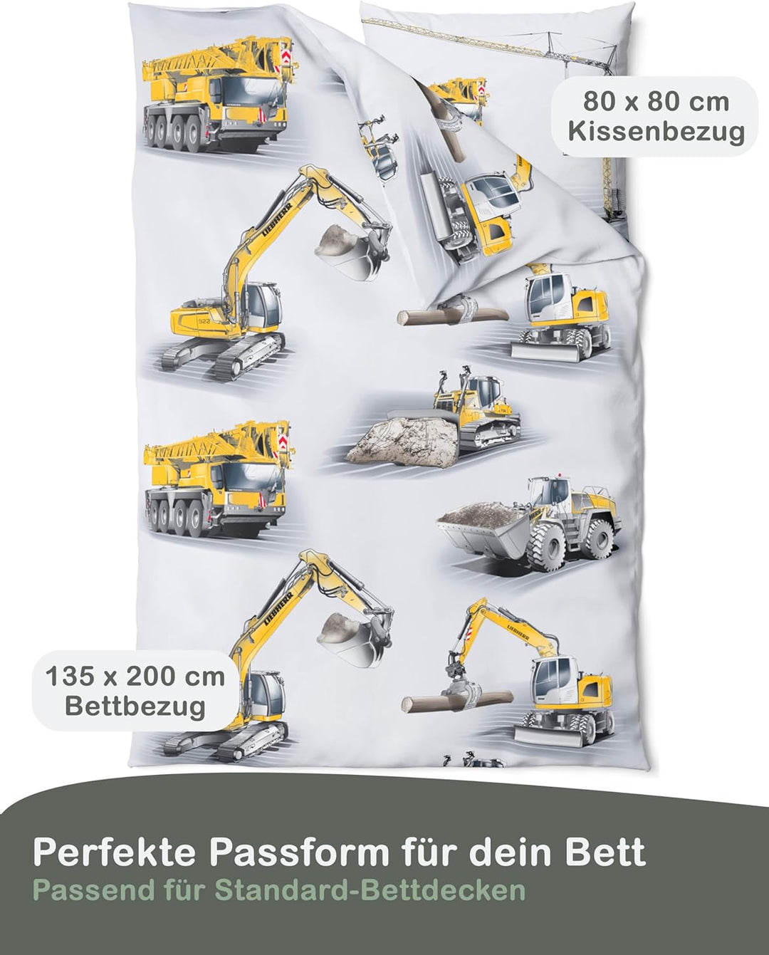 Bagger Bettwäsche 135x200 2teilig - Kinderbettwäsche 135x200 Jungen mit Baustellenmotiven - LIEBHERR