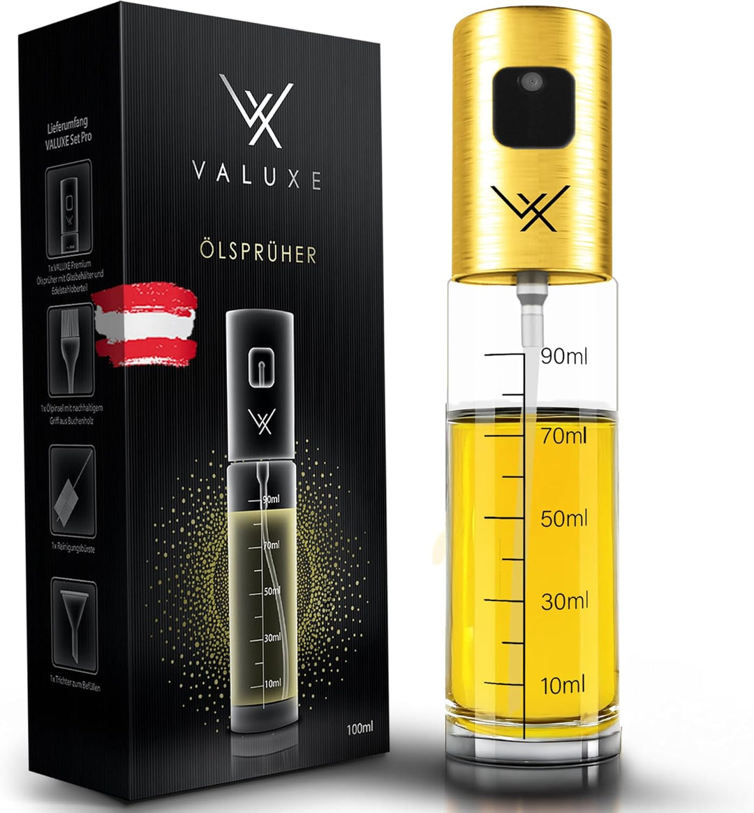 VALUXE® Premium Ölsprüher Gold – Das ORIGINAL - Extrem präzise Öl-Sprühflasche aus Edelstahl und Gla