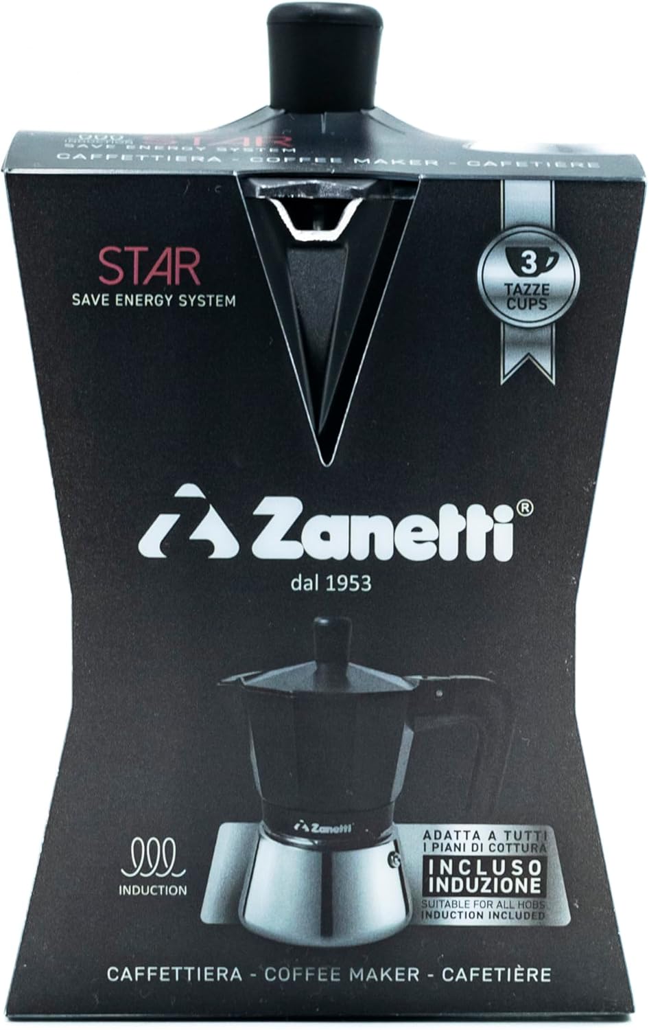 Zanetti, Star Espressokocher, Induktion, 3 Tassen, Espressokocher mit Kessel aus Edelstahl und Ergon