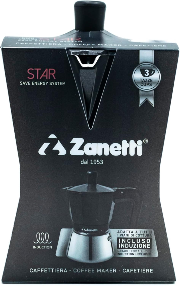 Zanetti, Star Espressokocher, Induktion, 3 Tassen, Espressokocher mit Kessel aus Edelstahl und Ergon