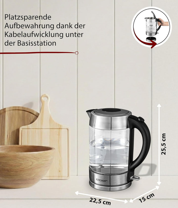 Cloer 4429 Glas Wasserkocher,Testsieger Haus und Garten 02.2019, 2200 Watt, LED-Beleuchtung, verrieg