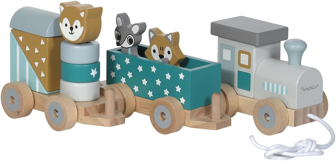 Kindsgut Holz-Eisenbahn, mit Holzbausteinen und Zoo-Tieren, dezente Farben und hochwertige Qualität,