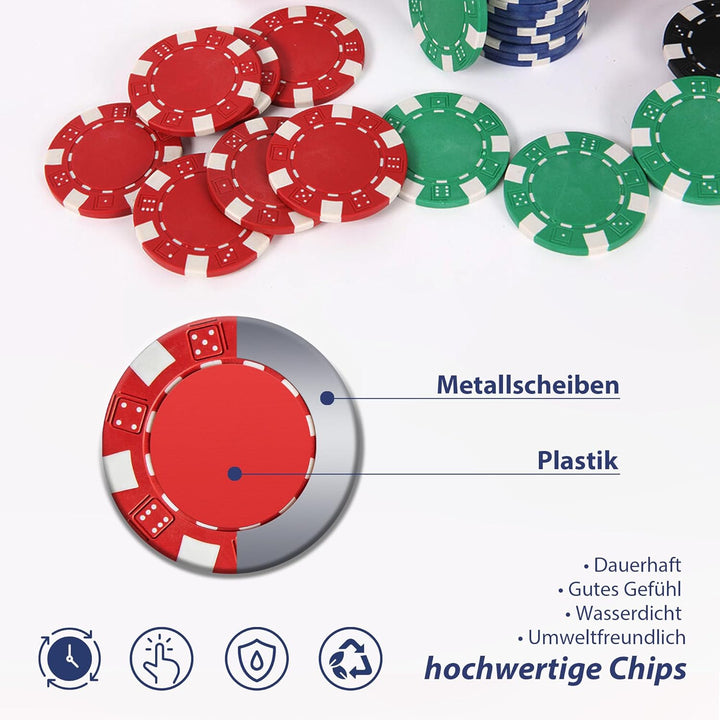 Pokerkoffer mit 500 Laserchips 2 Pokerdecks 3 Button Poker Komplettset, Pokerset Profi Deluxe Set St