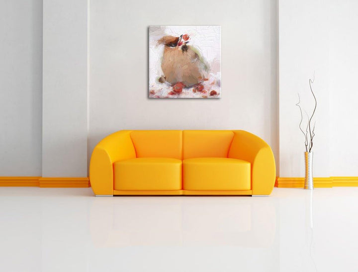 Pixxprint Kleiner Vogel im Schnee Pinsel Effekt, Format: 70x70 auf Leinwand, 70x70