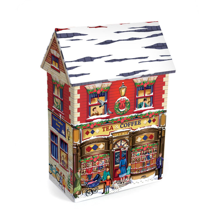 Blechdose in Form eines Stadthauses mit Vordach Winter Coffee & Tea, Keksdose Deko-Box Retro-Dose, 1