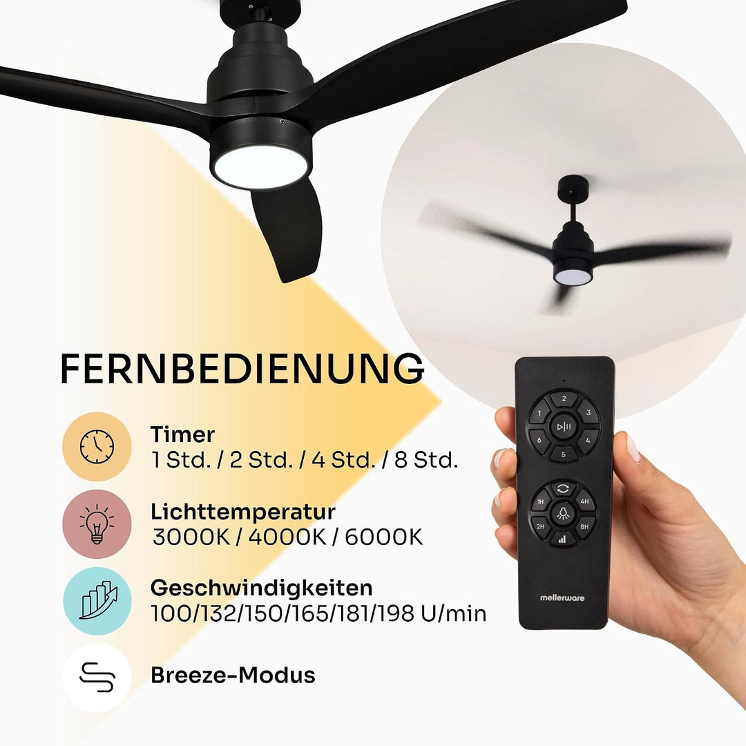 Mellerware - Deckenventilator mit Fernbedienung Brizy Bright | 45W | 6 Geschwindigkeiten | Sehr Leis