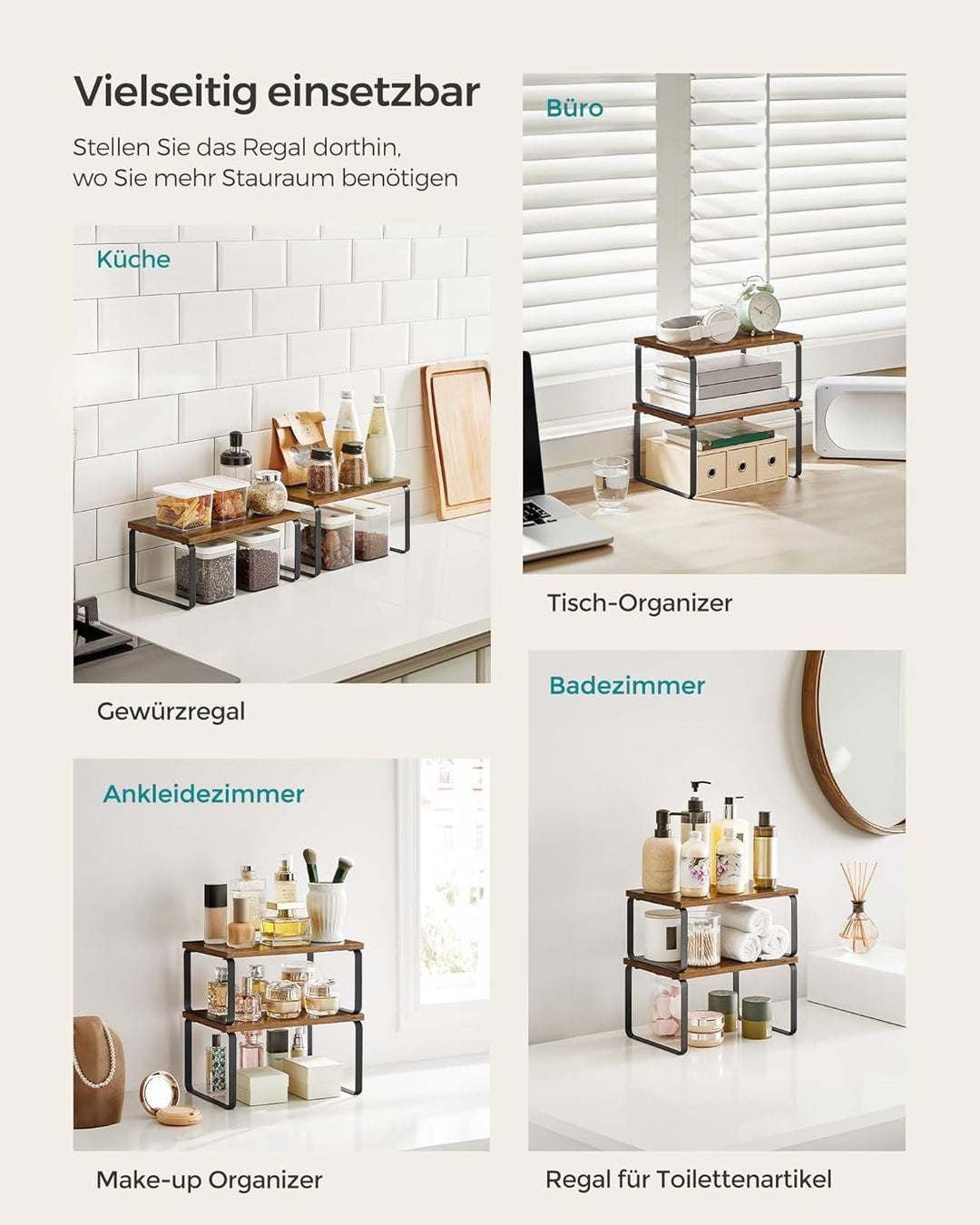 SONGMICS Gewürzregal, 4er Set, Küchenregal, Küchen-Organizer, erweiterbar, Gewürzhalter, stapelbar,