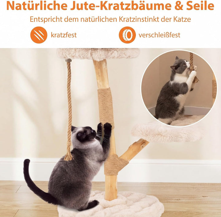 COSTWAY 90 cm Kratzbaum Holz, Katzenbaum mit 3 Plüschsitzflächen, Seil & Kratzpfosten aus Jute, Katz