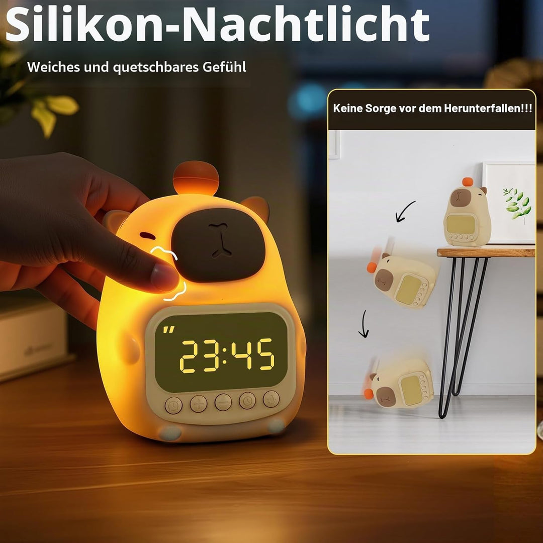 Capybara Kinderwecker, Wiederaufladbar Wecker mit Nachtlicht, Einstellbare Helligkeit und Lautstärke