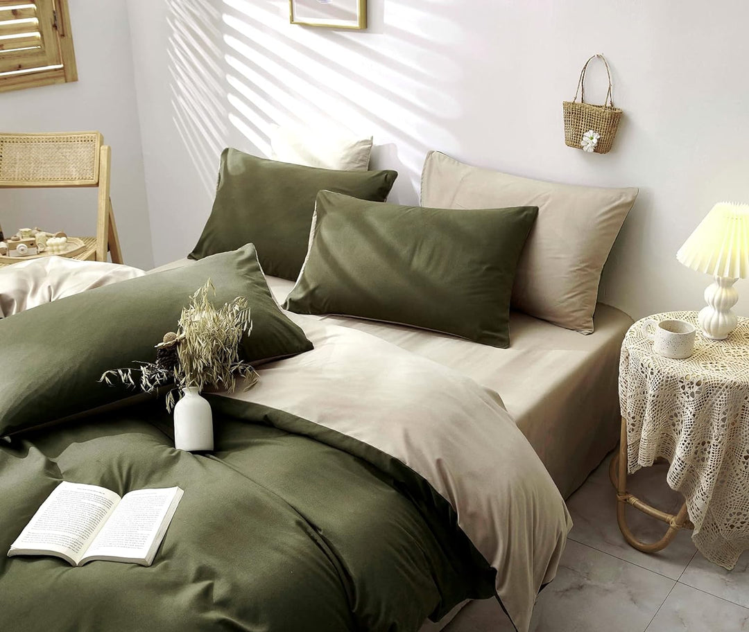 Damier Bettwäsche Grün 220×240cm Olivgrün Beige Unifarben Bettbezug Set 3 Teilig Superweiches Microf