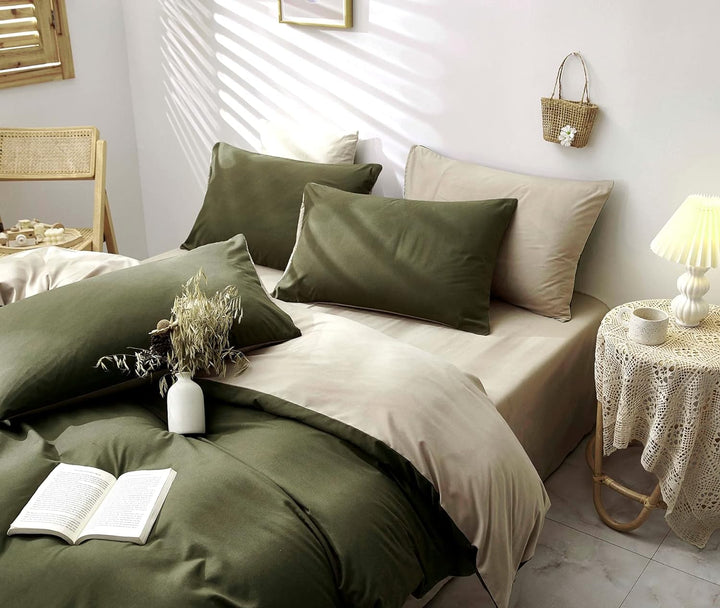 Damier Bettwäsche Grün 220×240cm Olivgrün Beige Unifarben Bettbezug Set 3 Teilig Superweiches Microf