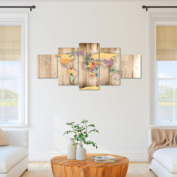 Runa Art - Bilder Weltkarte Holz 200 x 100 cm 5 Teilig XXL Wanddekoration Design Biege 108751a 200 x