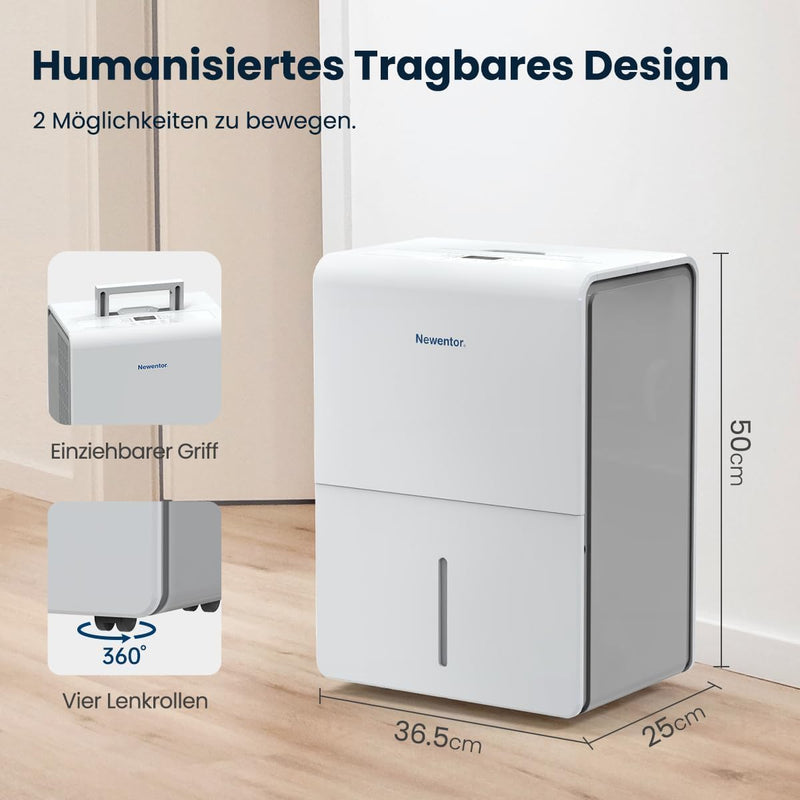 Newentor Luftentfeuchter 25L/24h, Für 215m³/80m² Räume - 3 fache Geräuschreduktion - 290W Stromspare