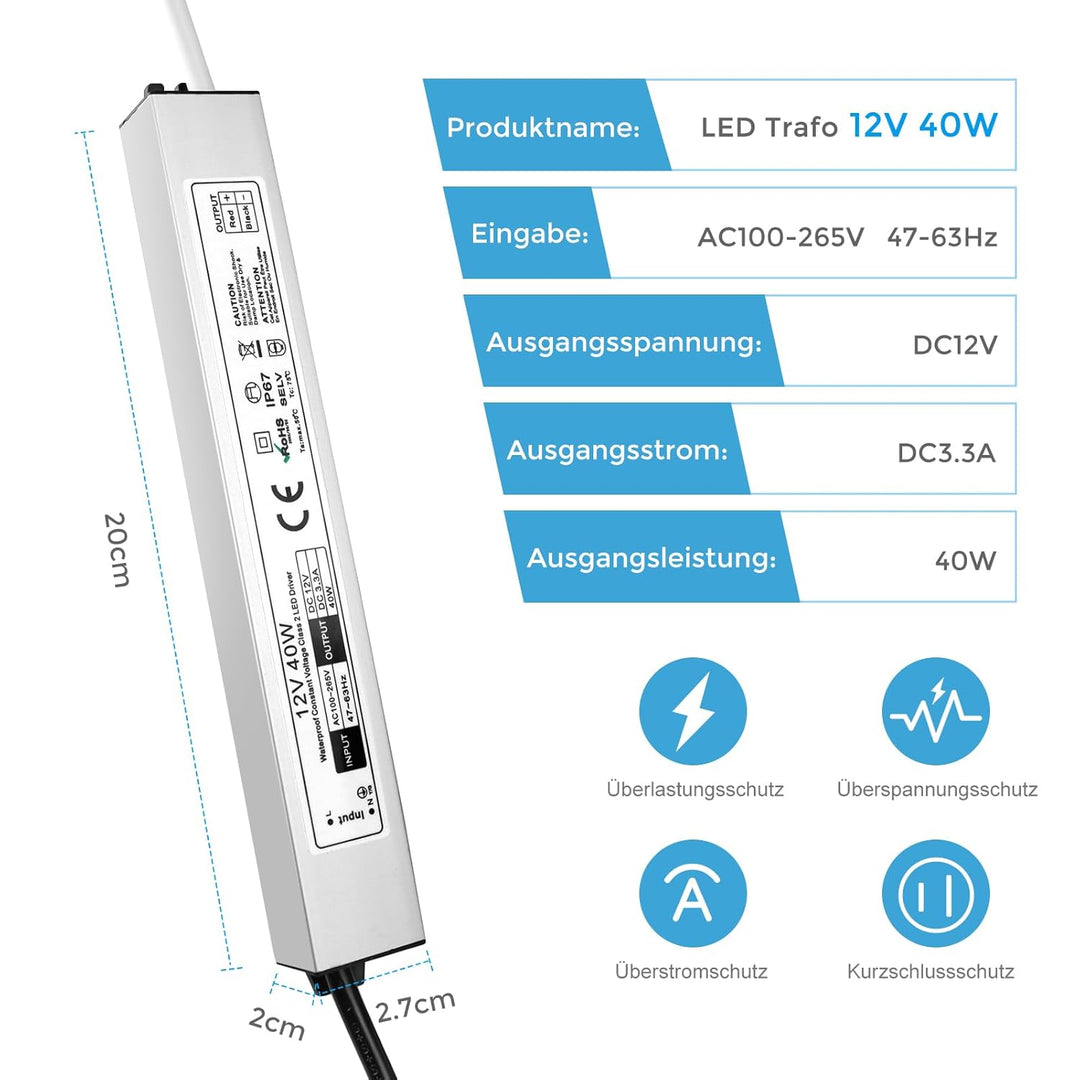 LED Trafo 12V 40W IP67 Wasserdicht Transformator mit Stecker, LED Netzteil Treiber 230V auf DC 12 Vo