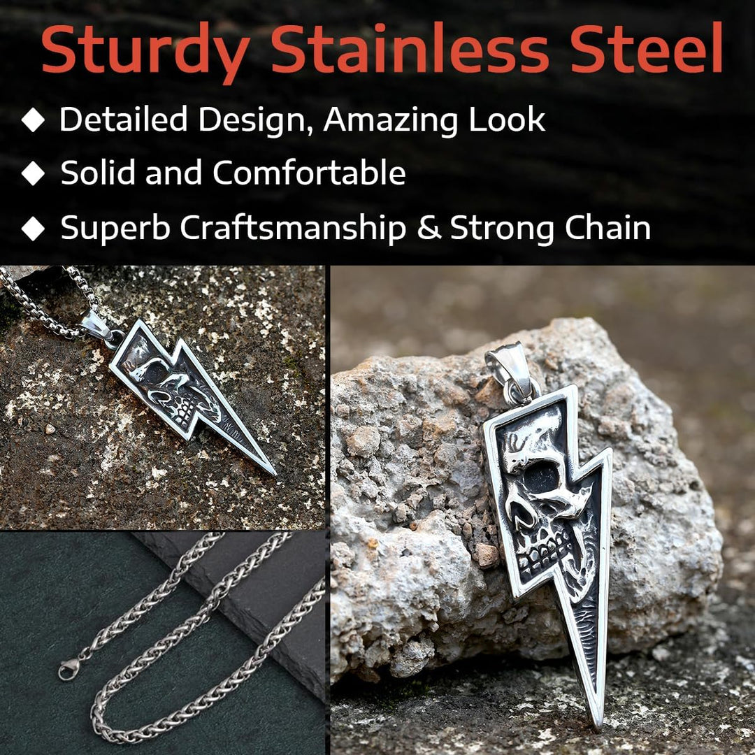 GTHIC Herren Edelstahl Retro Totenkopf Anhänger Halsketten Silber Gold Lightning Bolt Biker Schmuck