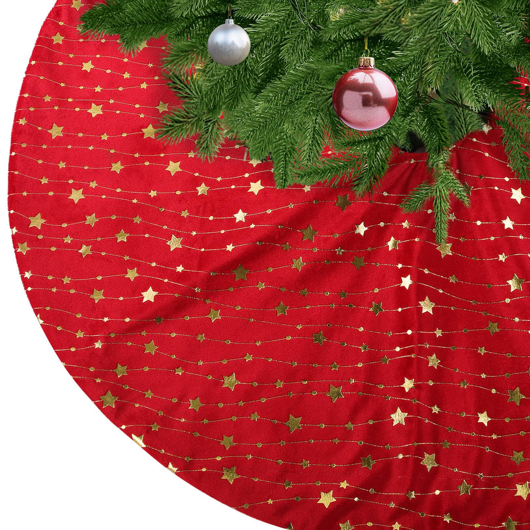 Weihnachtsbaumdecke Rund Rot Plüsch Christmasbaumdecke mit Sternen Weihnachtsbaum Rock aus Kunstfell