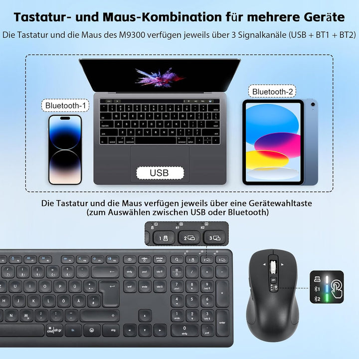 M9300 Kabelloses Tastatur Maus Combo, 2-in-1 USB Empfänger und Zwei Bluetooth, 18-Monate Batterielau