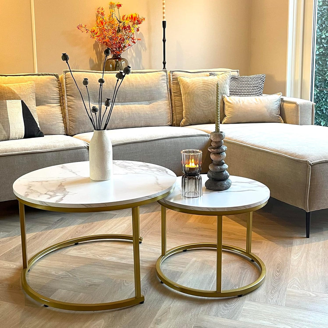 Home Heaven® Couchtisch Rund Weiss Marmor mit Gold – Runder Wohnzimmertisch 2er Set für Wohnzimmer -