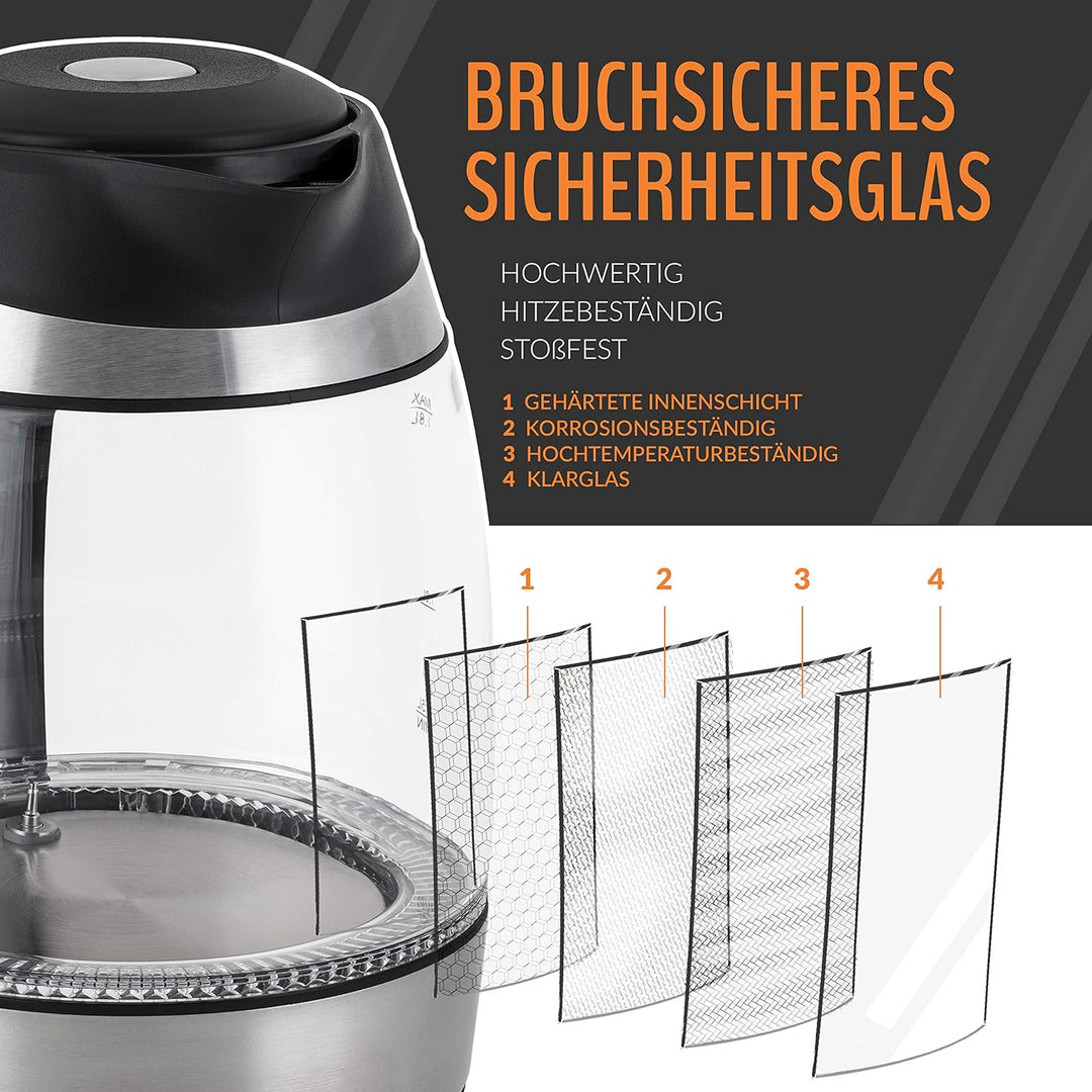 TRESKO Glas Wasserkocher 1,8L Edelstahl mit Teesieb und Kalkfilter | LED Innenbeleuchtung | TÜV-Rhei