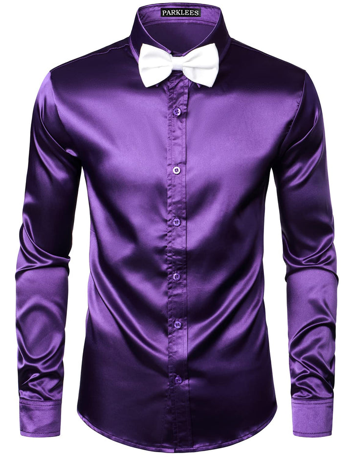 Herren Glänzend Slim Fit Satin Langarmhemd Frezeit Business Hemd für Party Nachtclub, Dunkelviolett