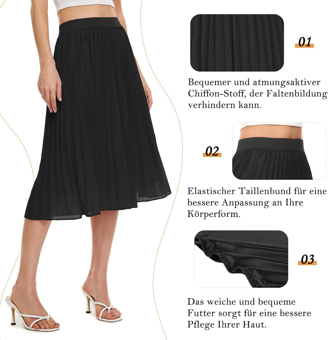Durio Midirock Damen Faltenrock Plissee Damenrock Sommerrock Leicht Casualrock Chiffon Röcke A-Linie