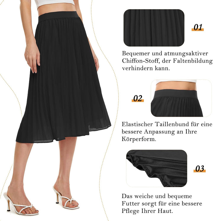 Durio Midirock Damen Faltenrock Plissee Damenrock Sommerrock Leicht Casualrock Chiffon Röcke A-Linie