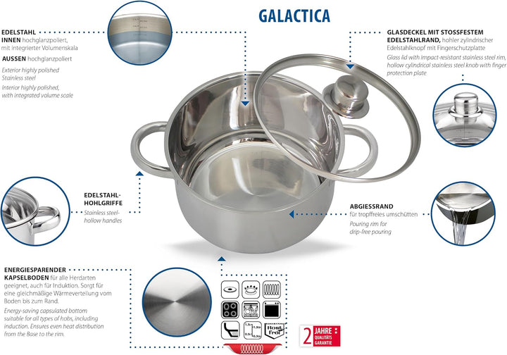ELO Topfset 15-teilig Galactica, Edelstahl, mit Abgiessrand, hitzebeständige Edelstahlhohlgriffe, in