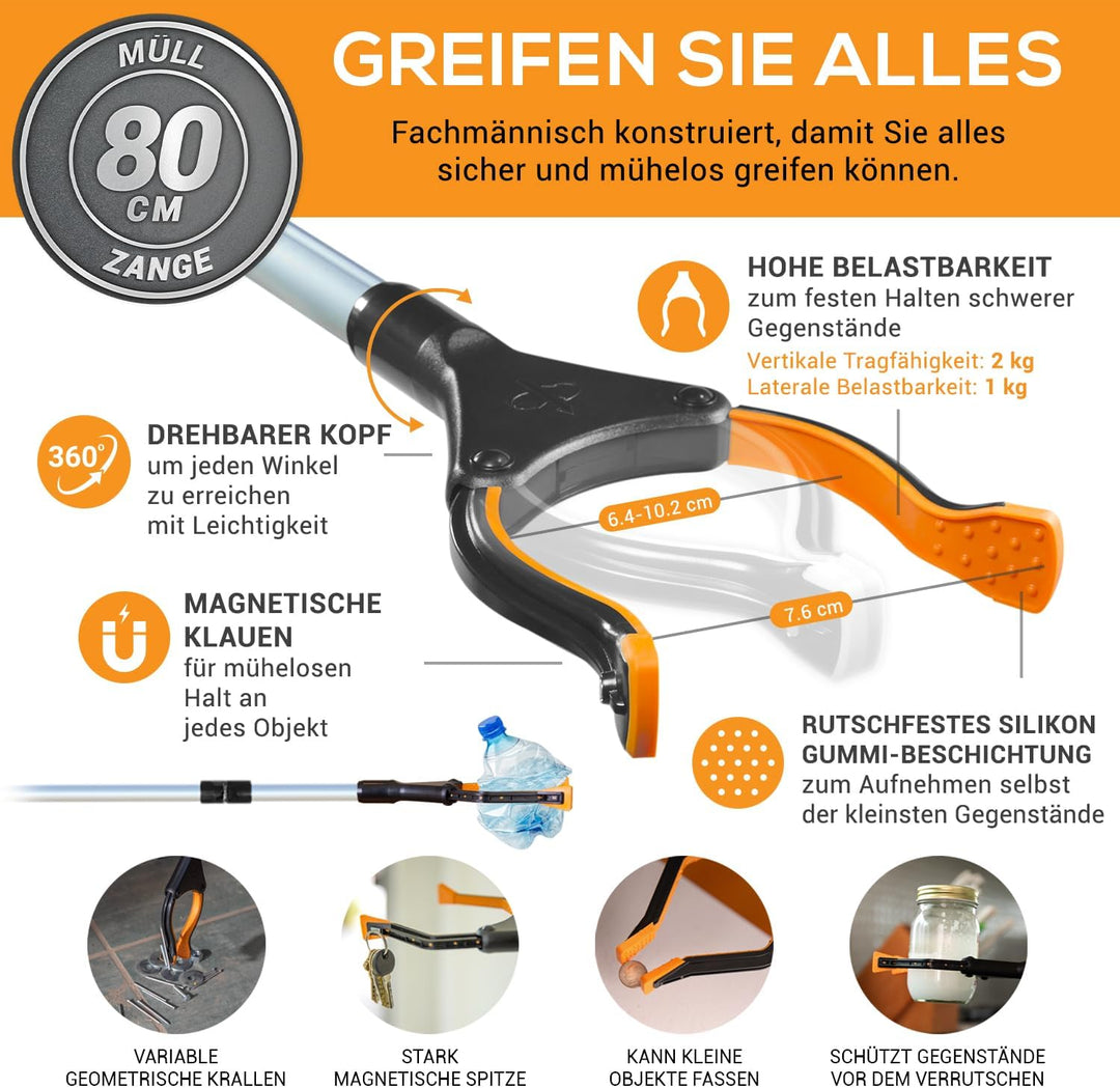 2 x EZPIK® 80 cm Müllzange mit Magnet-Greifarm, Robuste Greifzange Lang, Drehbare Müllgreifer Zange,