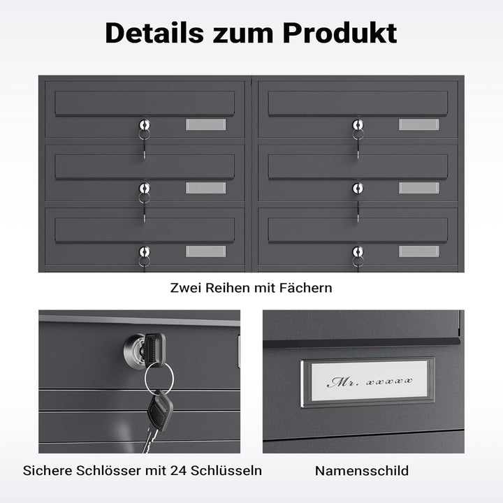 Wiltec 12er Briefkastenanlage Anthrazit 898 x 270 x 1500 mm, Standbriefkasten mit 2x6 Fächern, Schlü