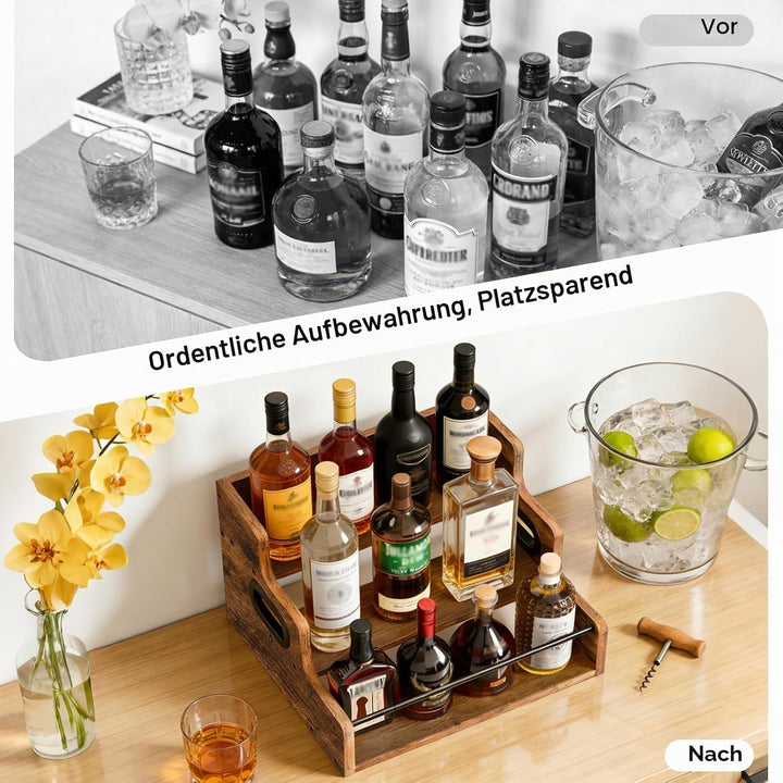 3-stöckiges Weinregal, Flaschenregal, Mini Bar mit Griffen und Ablagen, Sirupregal aus Holz, Weinreg