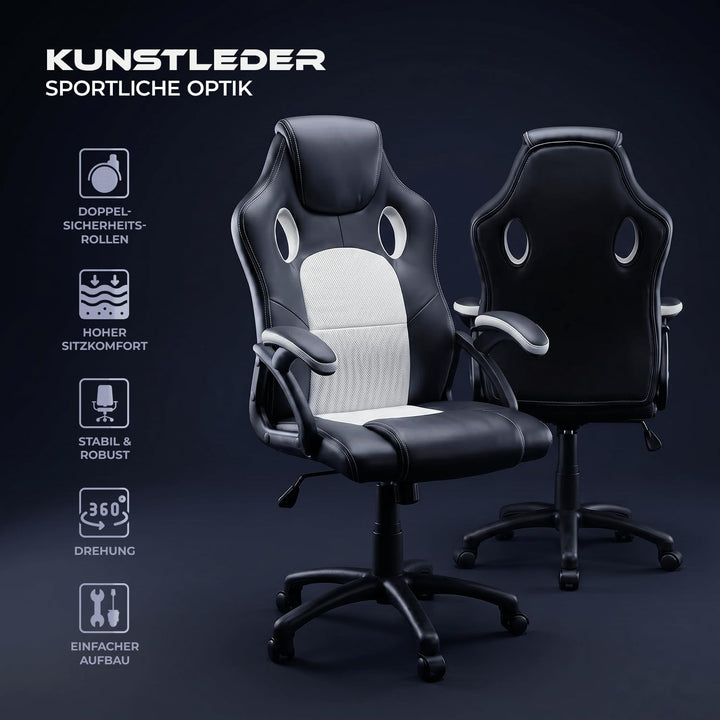 Panorama24 Gamer Stuhl Gaming Schreibtischstuhl Chefsessel Bürostuhl Ergonomisch, Weiss, 9 Farbvaria