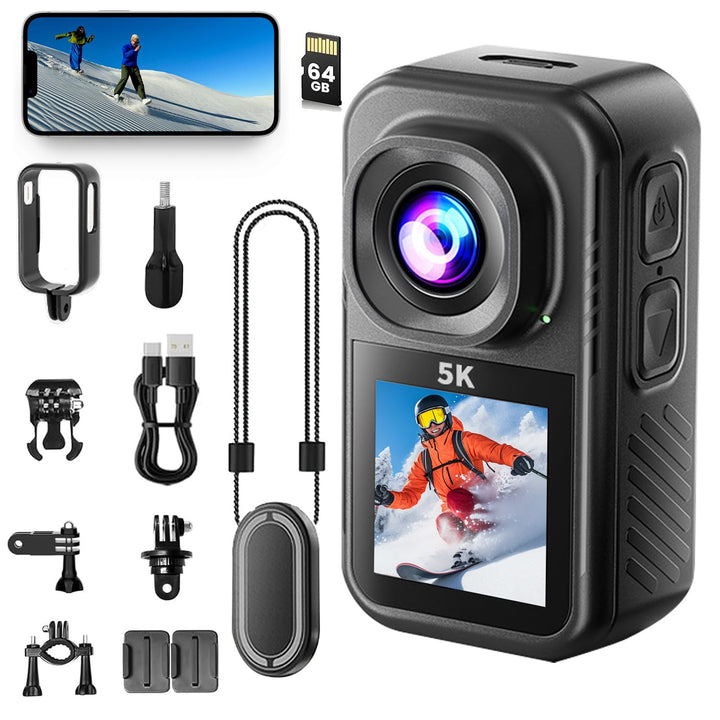 Action Cam 5K,Mini Sportkamera WiFi mit 64G Speicherkarte,Wasserdichter Körperkamera Mit Doppelseiti