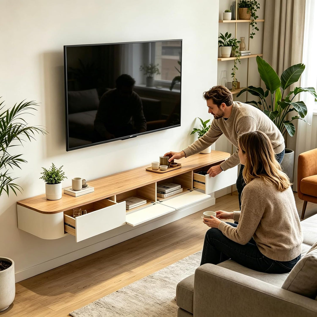 An der Wand befestigte TV-Konsole, Sich hin- und herbewegender TV-Ständer mit Schubladen und Tür, Me