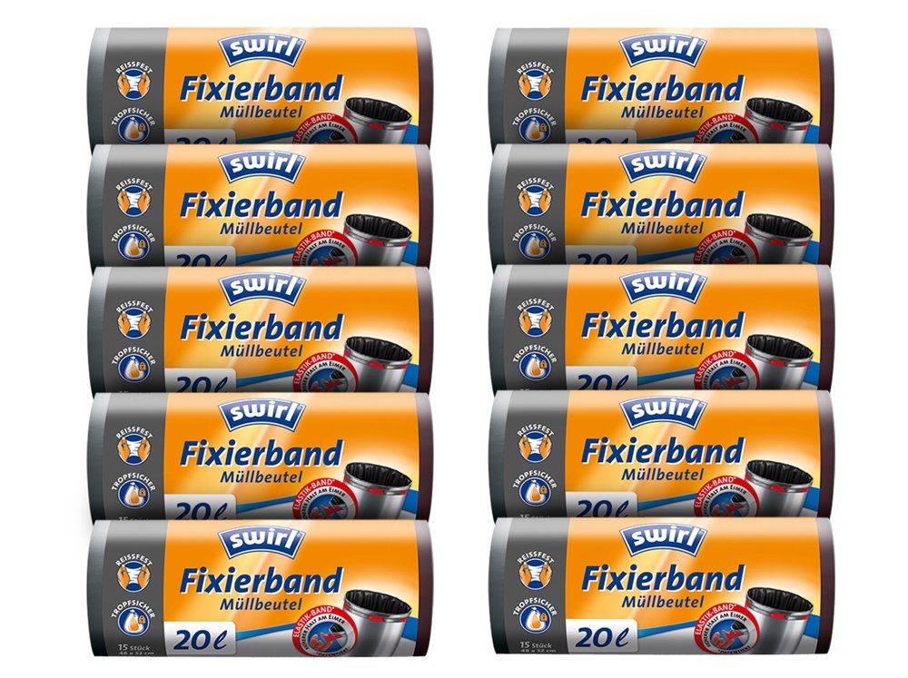 10er SET Swirl® 20 Liter Müllbeutel mit Fixierband - 15 Stk. je Rolle/Abfallbeutel/Mülltüten/Zugband
