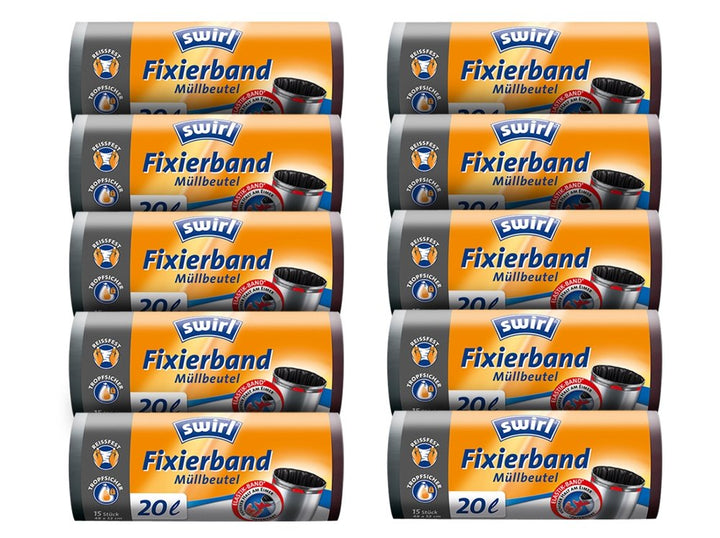 10er SET Swirl® 20 Liter Müllbeutel mit Fixierband - 15 Stk. je Rolle/Abfallbeutel/Mülltüten/Zugband