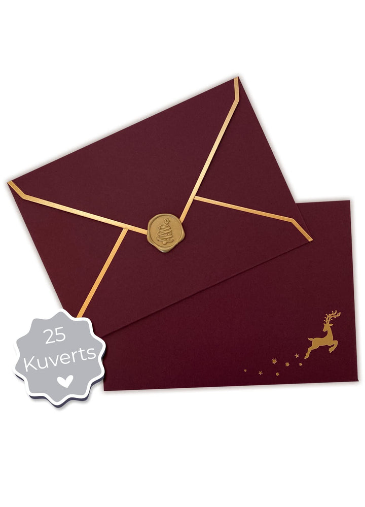 25 Premium Briefumschläge Weihnachten - Weihnachtskuvert heissfolienveredelt mit Rentier mit Wachs-S