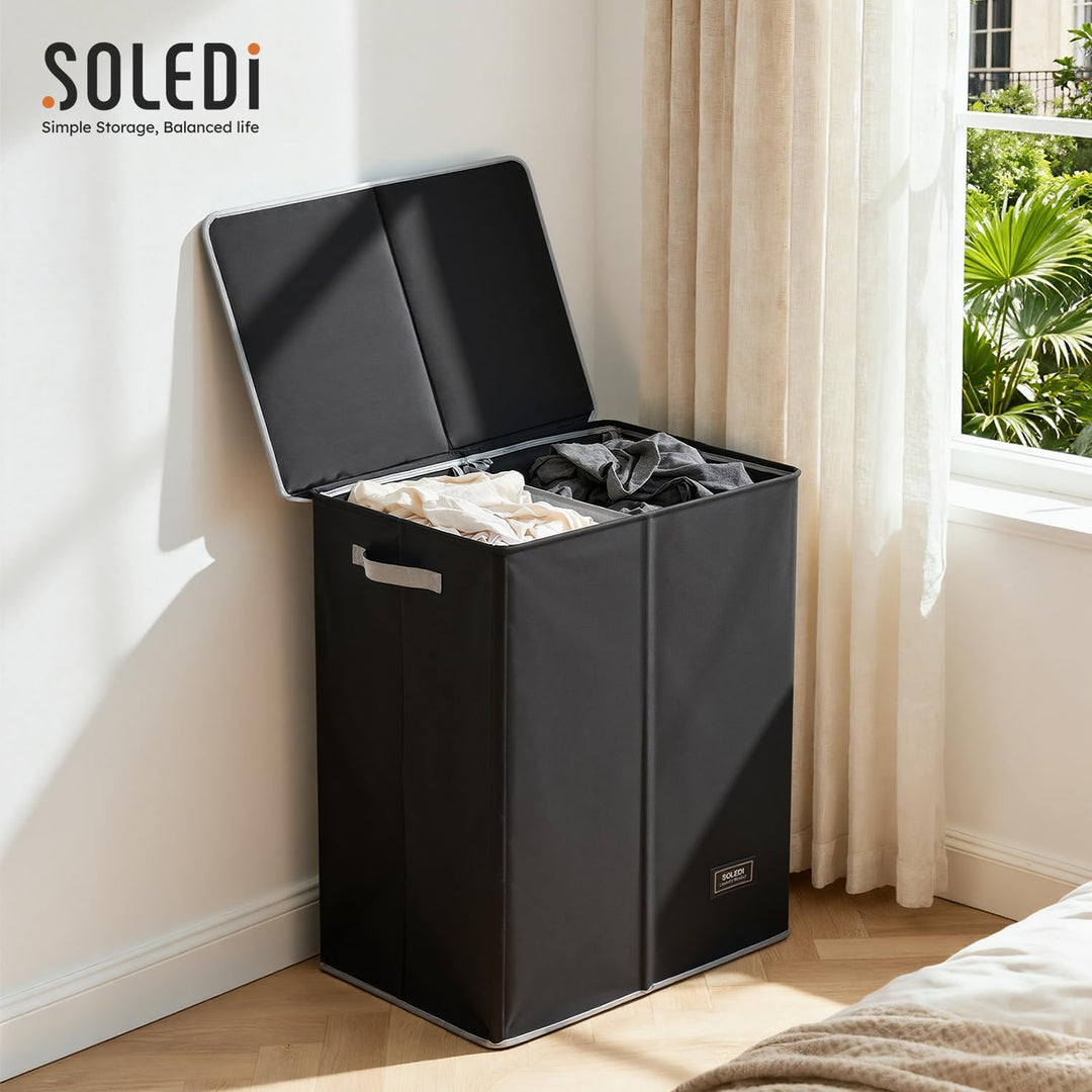SOLEDI 145L Wäschekorb, Wäschesammler 2 fächer mit Deckel und 2 Wäschesack - Wäschesortierer Gross X