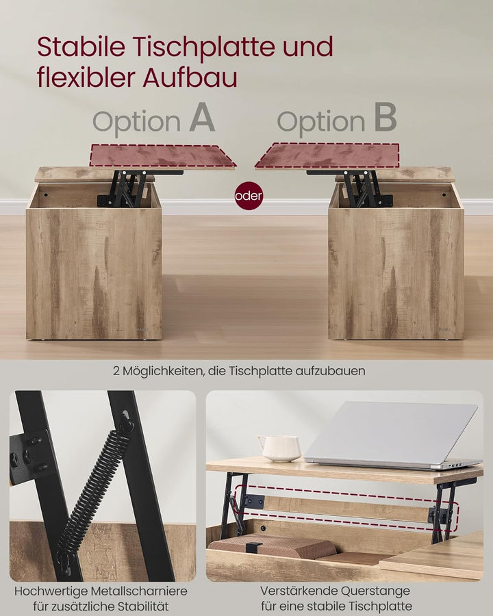 VASAGLE Couchtisch, höhenverstellbarer Wohnzimmertisch, 2 Schubladen und versteckte Fächer, Kaffeeti