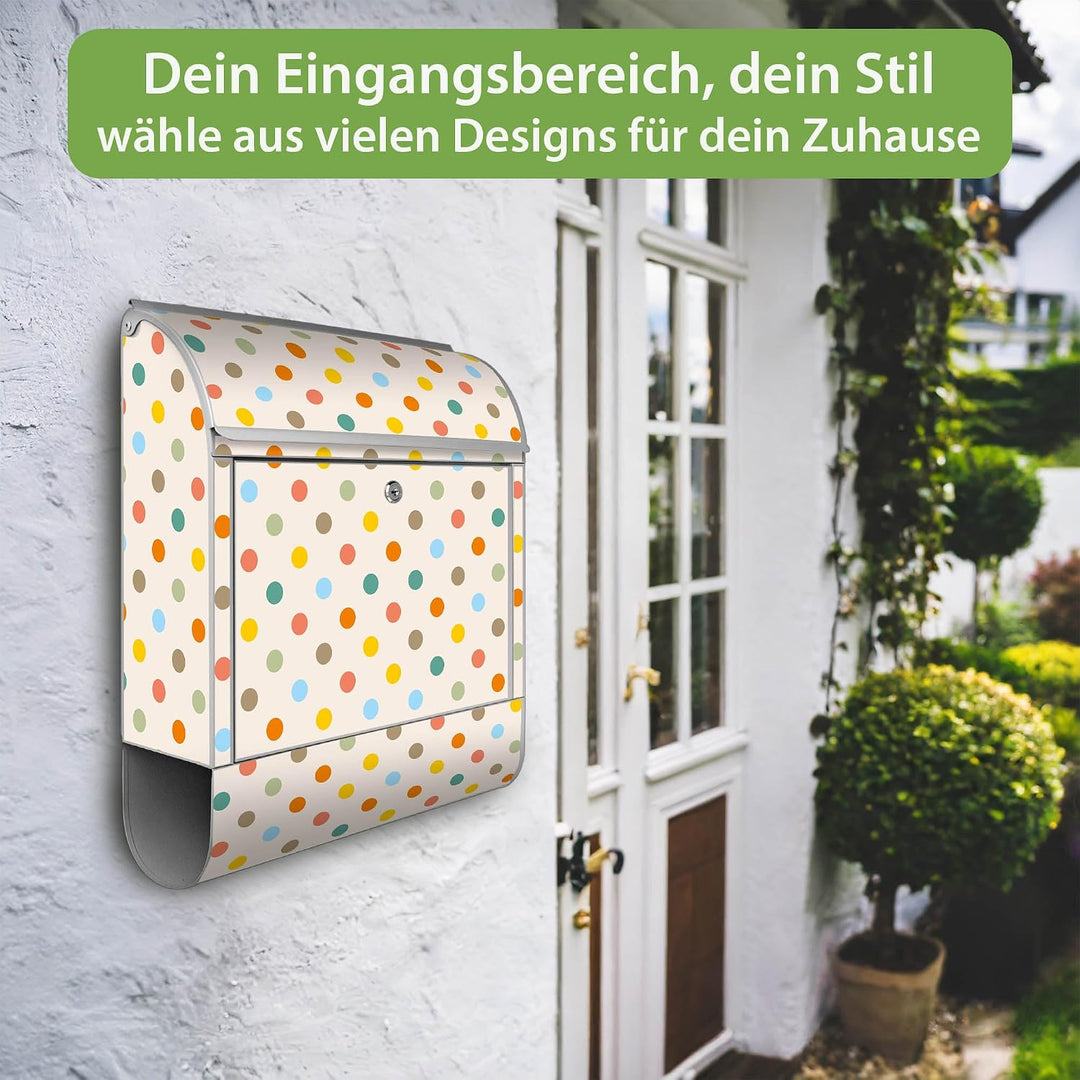 banjado® Design Briefkasten mit Motiv Bunte Punkte 39x47x14cm &amp; 2 Schlüssel - Briefkasten Stahl Silb