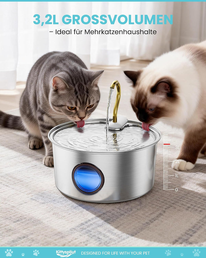 Kittyspout Katzenbrunnen 3.2L, Trinkbrunnen für Katze aus Edelstahl mit Schwänenhals-Design, Spülmas