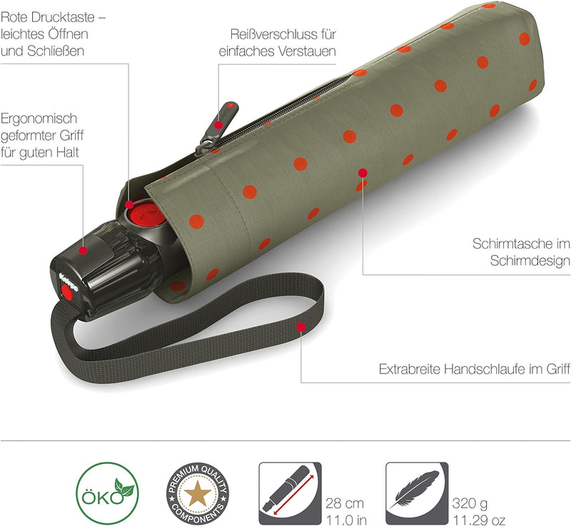 Knirps Taschenschirm T.200 Duomatic Dots – Auf-Zu-Automatik – Sturmfest – Windproof – Punkte-Design