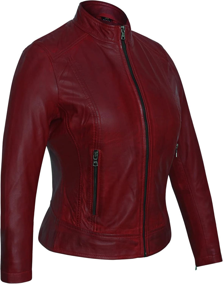 Bluepiel Damen Lederjacke KLARA Bikerjacke mit Stehkragen - Modernen Echtleder Jacke aus Lammnappa L