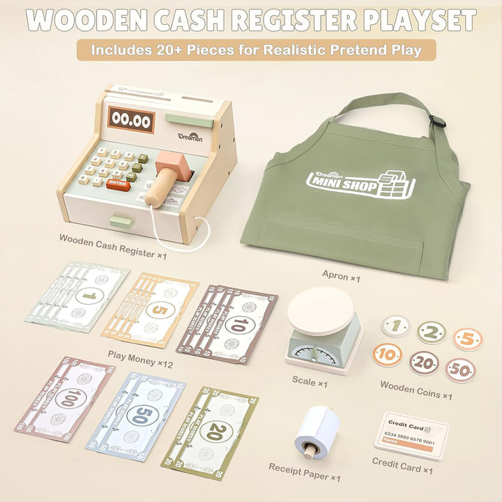 Dreamon Holz Kasse Kinder, Holz Spielkasse Kinderkasse mit Scanner Kaufladen Spielzeug mit Schürze G